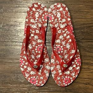 Coach Abbigail Flip Flops Red w/ White Flowers and Pink Hearts (NWOT) Size 9
